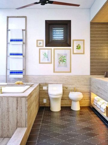 Modernes Badezimmer mit edler Dekoration und Holzakzenten