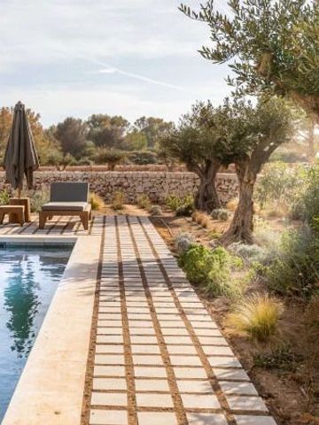 Außenbereich mit Pool, Liegen und mediterraner Bepflanzung