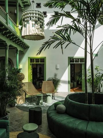 Elegante Hotel-Lounge mit Pflanzen und natürlichem Licht