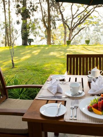 Terrasse mit gedecktem Tisch blickt auf üppigen Gartenbereich