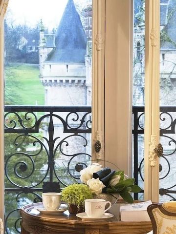 Ausblick auf Schlosspark durch stilvolle Fenster mit antikem Tisch.