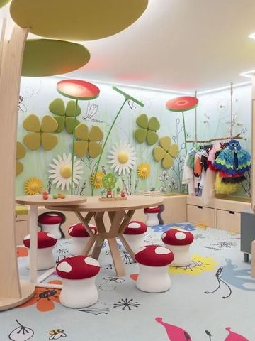 Buntes Spielzimmer mit Pilzhockern und Wanddekorationen für Kinder