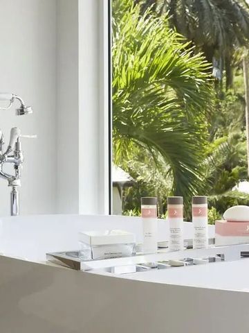 Badewanne vor einem Fenster mit Palmenblick und Pflegeprodukten.