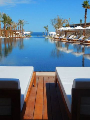 Zwei Liegen vor einem Infinity-Pool mit Meerblick und Palmen