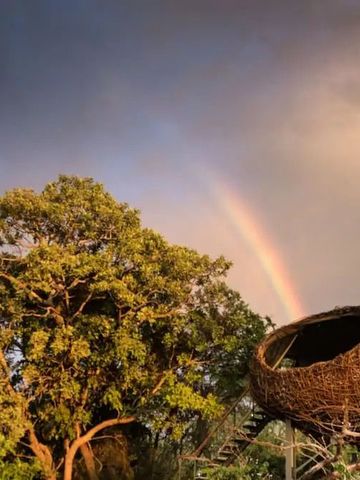 Regenbogen über einem kunstvollen Weissdach in der Natur