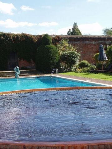 Außenpool mit grüner Hecke und Liegestühlen