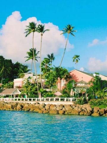 Blick auf das Hotel Cobblers Cove am Meer mit Palmen