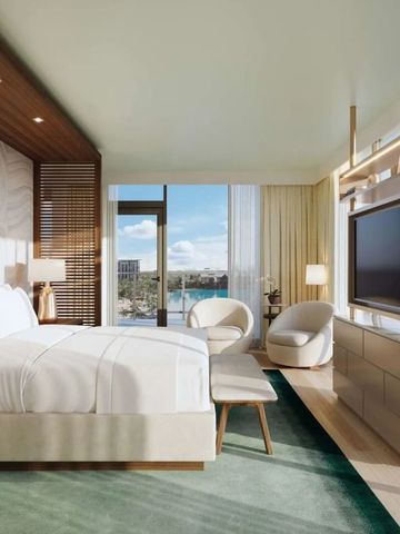 Luxuriöses Schlafzimmer mit großen Fenstern und moderner Einrichtung