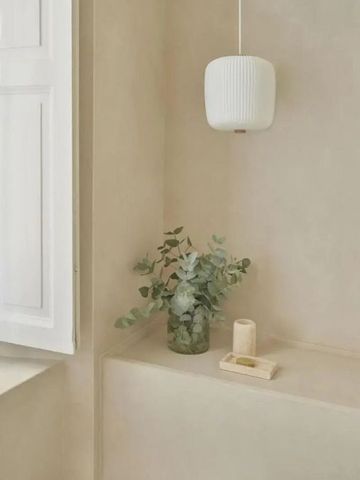 Minimalistisches Badezimmerdetail mit Pflanze und Wandlampe