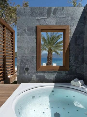 Außenwhirlpool mit Sichtschutz und Palmen vor dem Meer