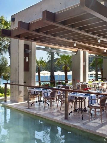 Außenrestaurant mit Seeblick und Palmen