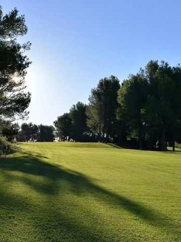 Grüne Golfanlage umgeben von Bäumen unter klarem Himmel