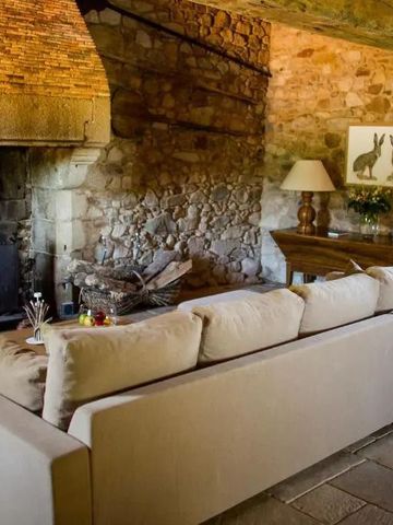 Gemütliches Wohnzimmer mit Steinwänden und Kamin im Landhausstil