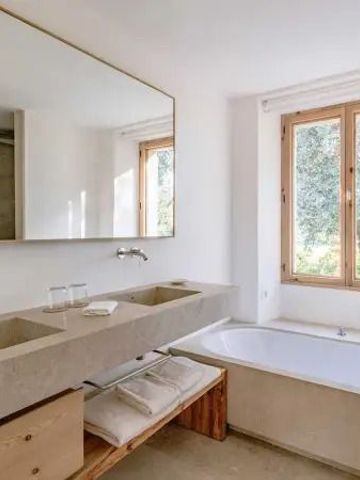 Modernes Badezimmer mit großem Spiegel und Badewanne mit Gartenblick