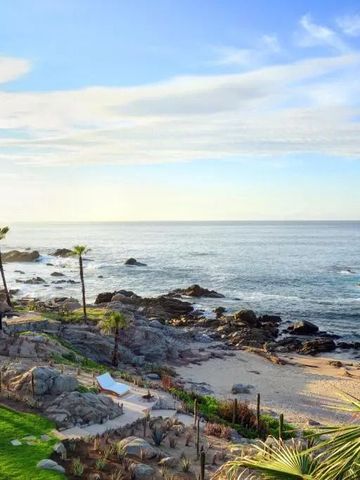 Panorama-Blick auf die felsige Küste mit Palmen und klarem Himmel