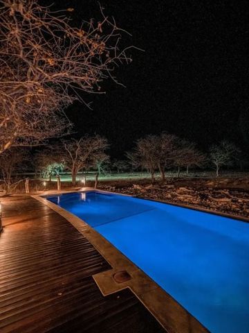 Beleuchteter Pool bei Nacht mit umliegender Natur und Holzdeck