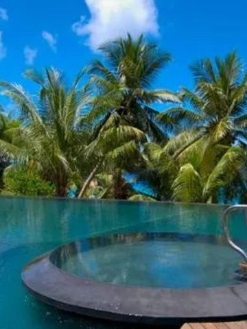 Infinity-Pool mit Blick auf Palmen und strahlend blauen Himmel