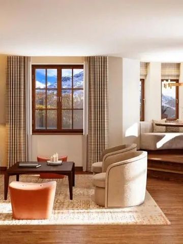 Geräumiges Wohnzimmer mit Panoramafenster, stilvollen Möbeln und Bergblick