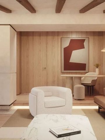 Elegantes Wohnzimmer mit modernen Möbeln und Holzdecke