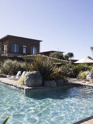 Außenansicht des Pools mit Liegestühlen und Pflanzen im Hapuku Lodge & Tree Houses