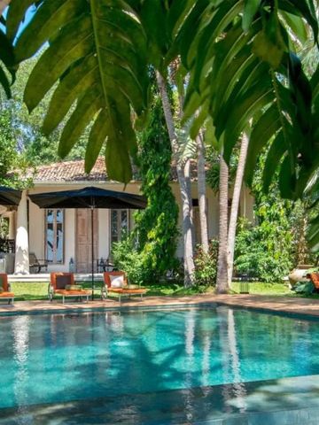 Pool in tropischem Garten mit Sonnenliegen und Schatten.
