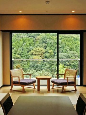 Zimmer mit Blick auf grüne Landschaft durch große Fenster