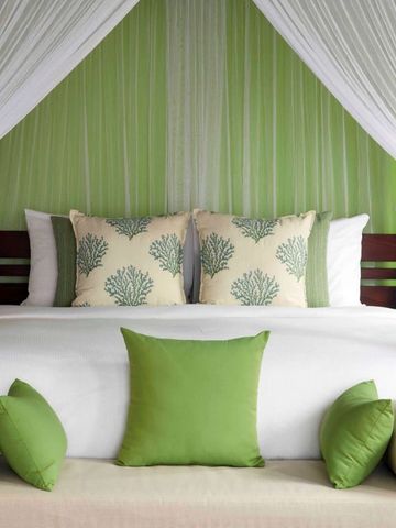 Gemütliches Schlafzimmer mit Moskitonetz und tropischen Akzenten in Grün