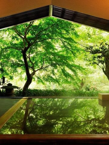 Onsen-Bad mit Blick auf üppige grüne Bäume durch große Fenster
