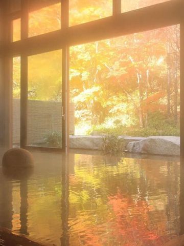 Thermalbad mit großen Fenstern und herbstlicher Baumkulisse.