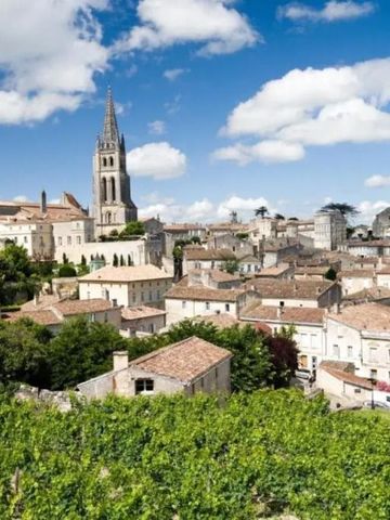 Blick auf Saint-Émilion mit Kirchturm und Weinbergen im Hintergrund