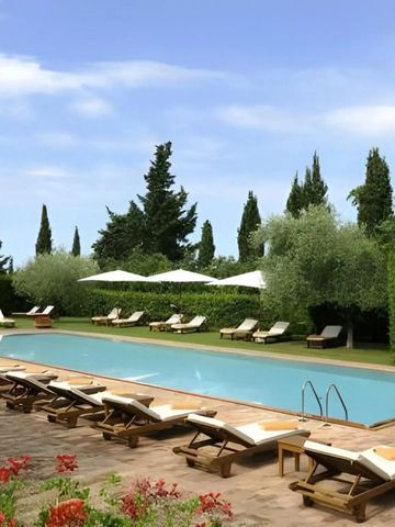 Großer Außenpool mit Liegestühlen und umgebender grüner Vegetation