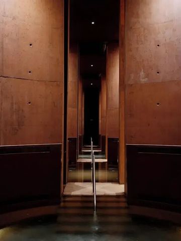 Dunkler, atmosphärischer Eingangsbereich mit modernen Holzdetails.