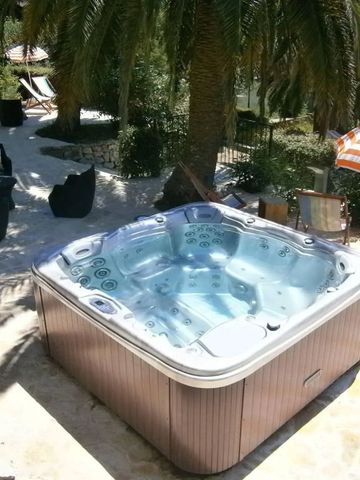 Entspannender Whirlpool im üppigen Garten mit Palmen