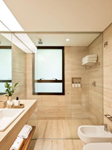 Badezimmer mit Glasdusche, Waschbecken und stilvollem Dekor, natürliches Licht.