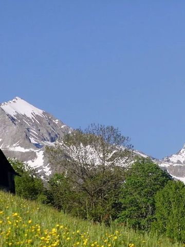 Frühlingswiese vor schneebedeckten Berghügeln und rustikalem Holzhaus