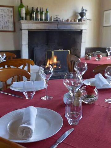 Eleganter Essbereich mit Kamin und gedecktem Tisch in Rotweinfarbe