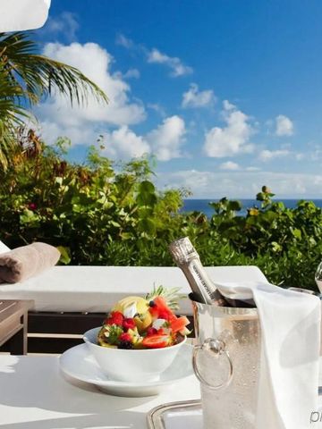 Terrasse mit Meerblick, Champagner und Früchtearrangement bei sonnigem Wetter