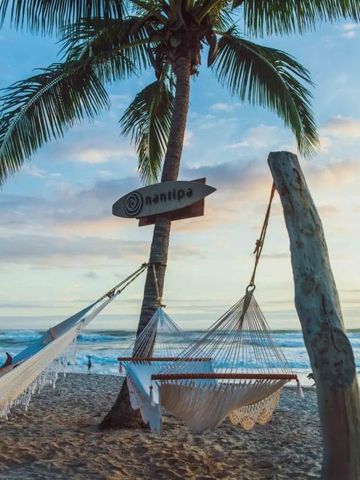 Hängematten am Strand mit Ozeanblick und Palmen bei Sonnenuntergang