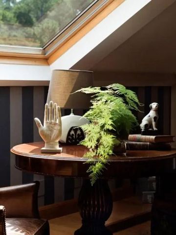 Gemütliche Leseecke mit Tischlampe und Pflanzen unter einem Dachfenster
