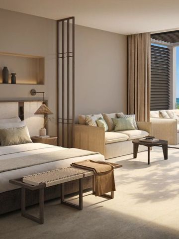 Elegantes Hotelzimmer mit modernem Design und Blick aufs Meer