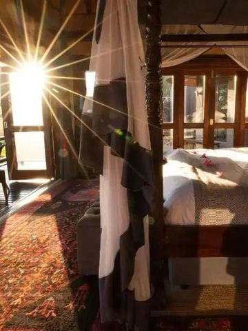 Sonnenlicht fällt durch die Fenster eines luxuriösen Schlafzimmers mit Himmelbett.