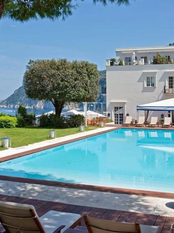 Hotelpool mit Blick auf die Küste und grüne Vegetation