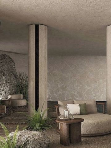 Luxuriöse Spa-Lounge mit natürlichem Dekor und entspannender Atmosphäre.