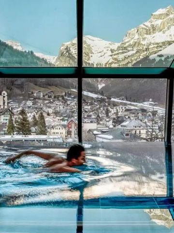 Panorama-Pool mit Blick auf schneebedeckte Berge