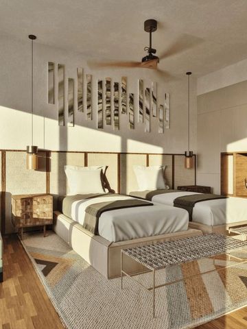 Hotelzimmer mit zwei Einzelbetten und stilvollem Interieur