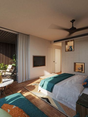 Modernes Hotelzimmer mit Doppelbett und Terrasse in warmen Tönen.