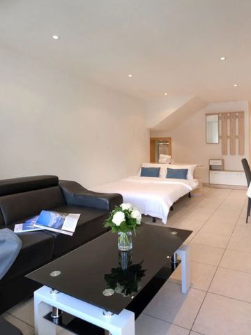 Modernes Zimmer mit schwarzem Sofa und Essbereich in elegantem Stil