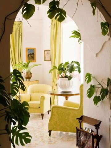 Helles Wohnzimmer mit Pflanzen und klassischen Möbeln