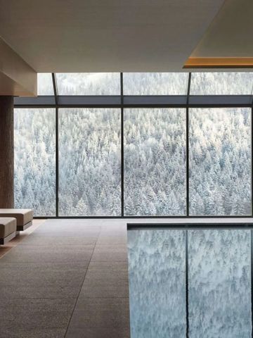 Innenpool mit großen Glaswänden und Blick auf verschneite Berge