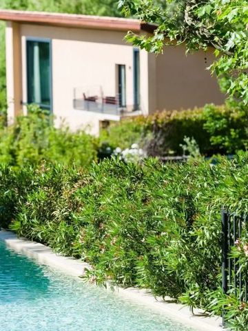 Grüner Garten mit Pool und Blick auf moderne Villa